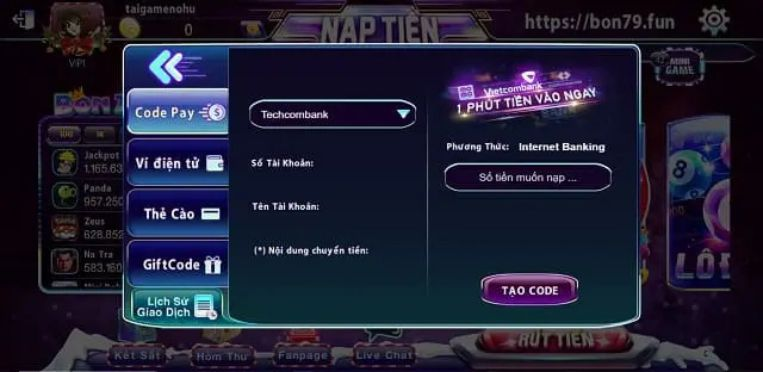Nạp tiền Bon79 Fun hoàn toàn miễn phí qua full Bank